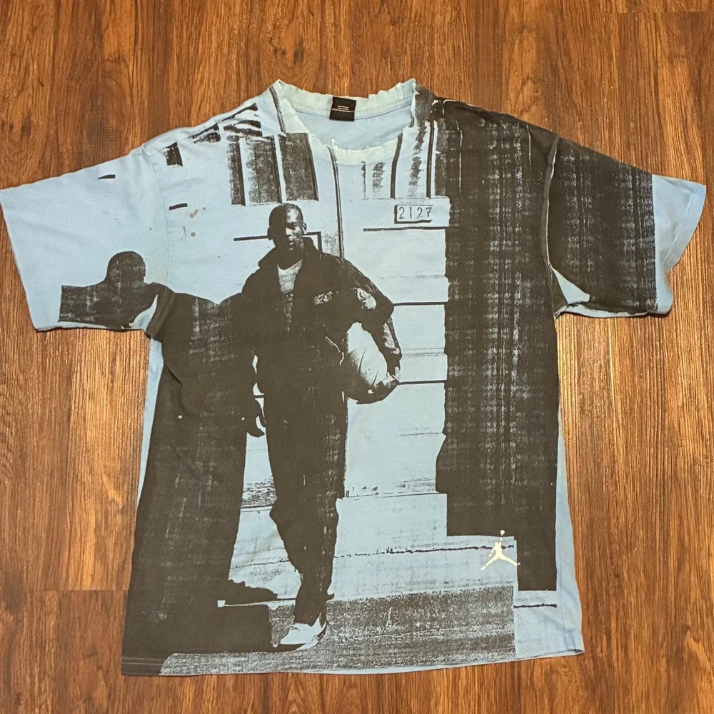 Vintage Nike Air Jordan Michael Jordan AOP Graphic T Shirt Blue Mens Large Rare